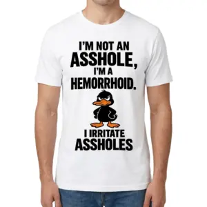Funny Duck Hemorrhoid Joke Graphic T-Shirt 8 Man wearing the Funny Duck graphic T-shirt with bold hemorrhoid joke text and a cartoon black duck on the front