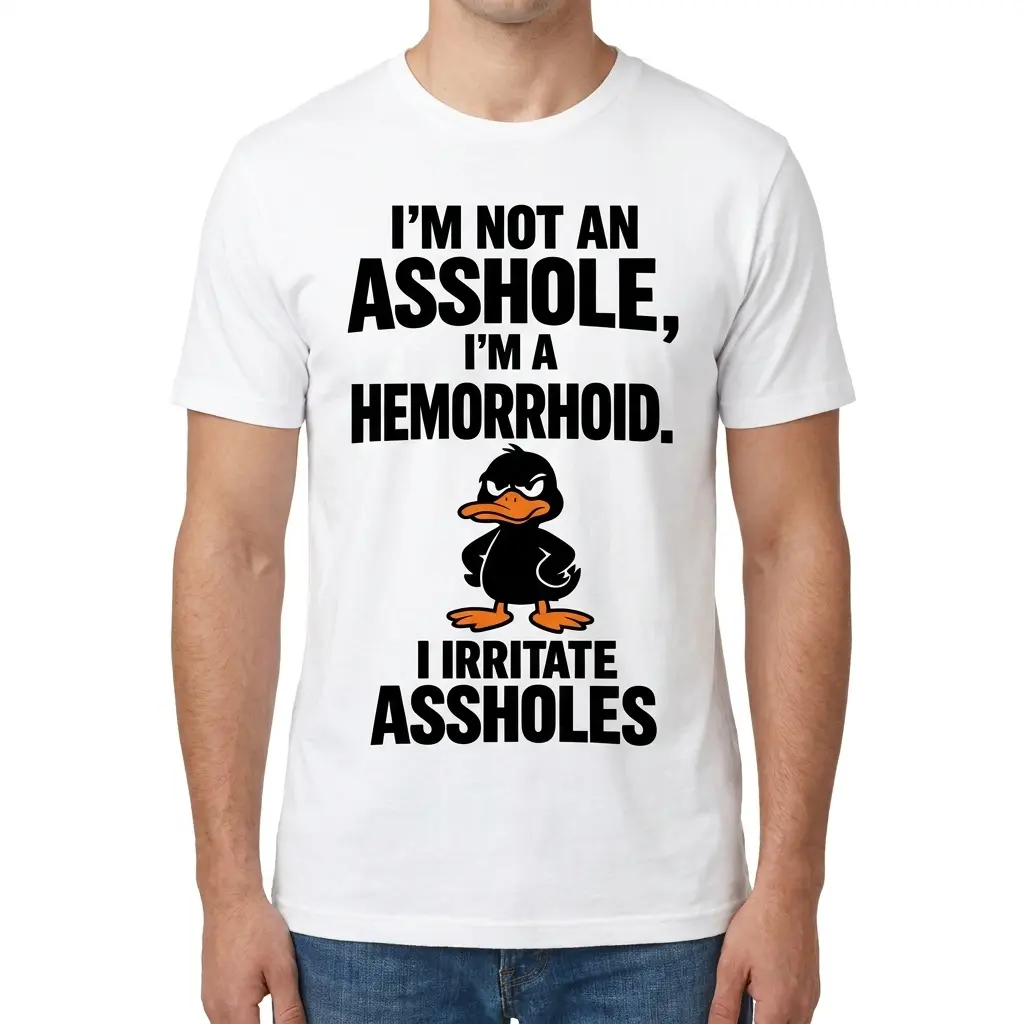 Man wearing the Funny Duck graphic T-shirt with bold hemorrhoid joke text and a cartoon black duck on the front