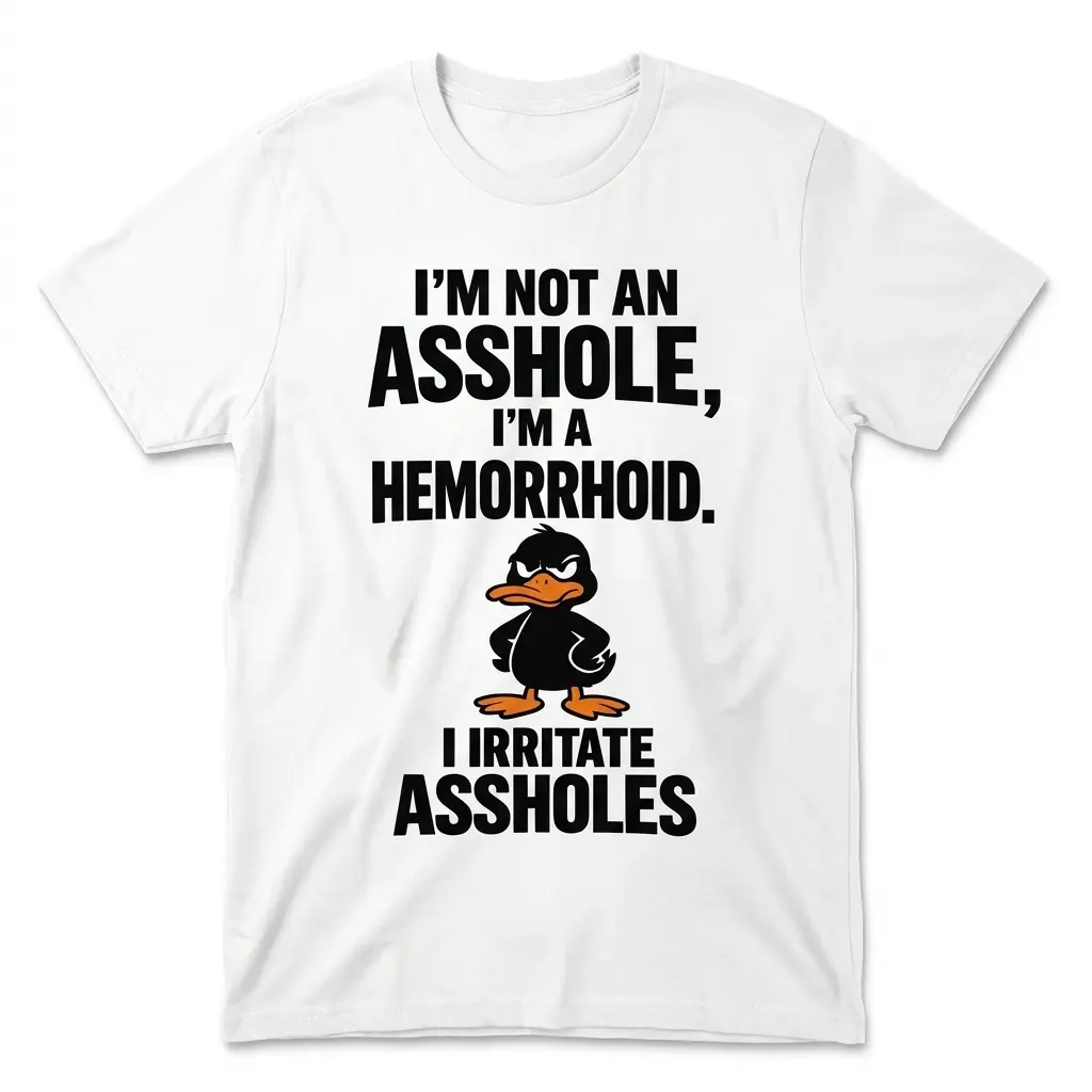 White Funny Duck T-shirt with bold black hemorrhoid joke text and a cartoon black duck with an orange bill and feet, front flatlay