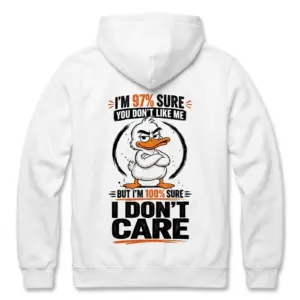 Funny Duck I Don't Care Graphic T-Shirt 7 Back flatlay of a Funny Duck hoodie featuring an arms-crossed duck graphic and the humorous “I DON'T CARE” message