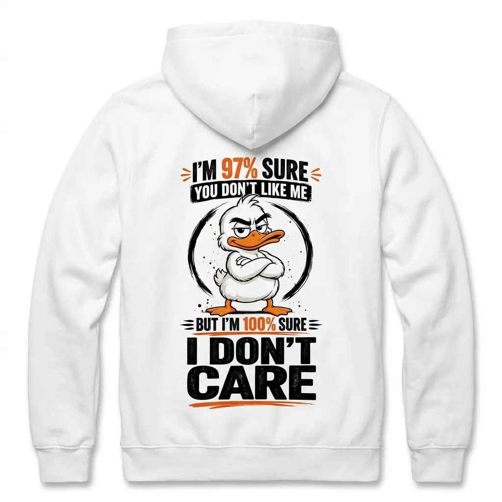 Back flatlay of a Funny Duck hoodie featuring an arms-crossed duck graphic and the humorous “I DON'T CARE” message