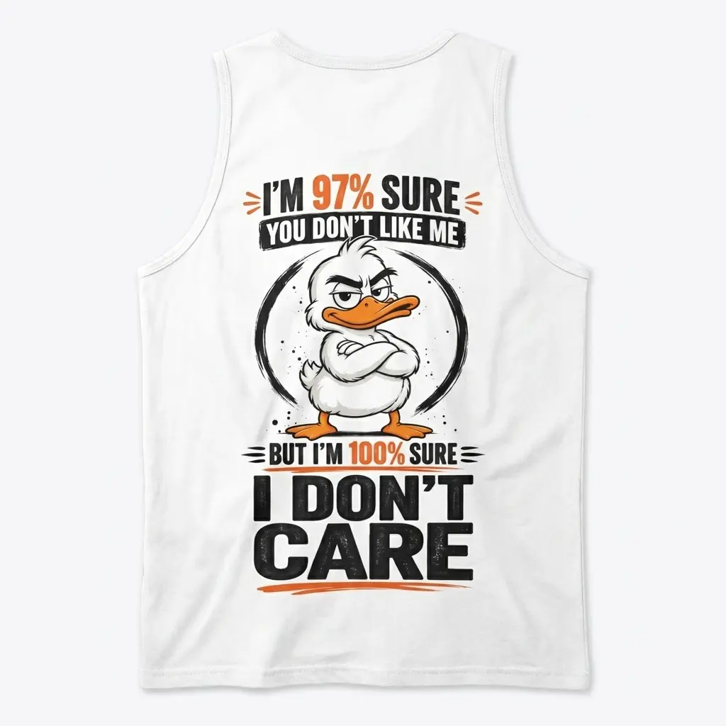 Back flatlay of a Funny Duck tank top with an arms-crossed duck illustration and bold “I DON'T CARE” lettering