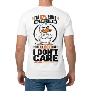 Funny Duck I Don't Care Graphic T-Shirt 9 Man shown from the back wearing a Funny Duck shirt with an arms-crossed duck and “I DON'T CARE” graphic