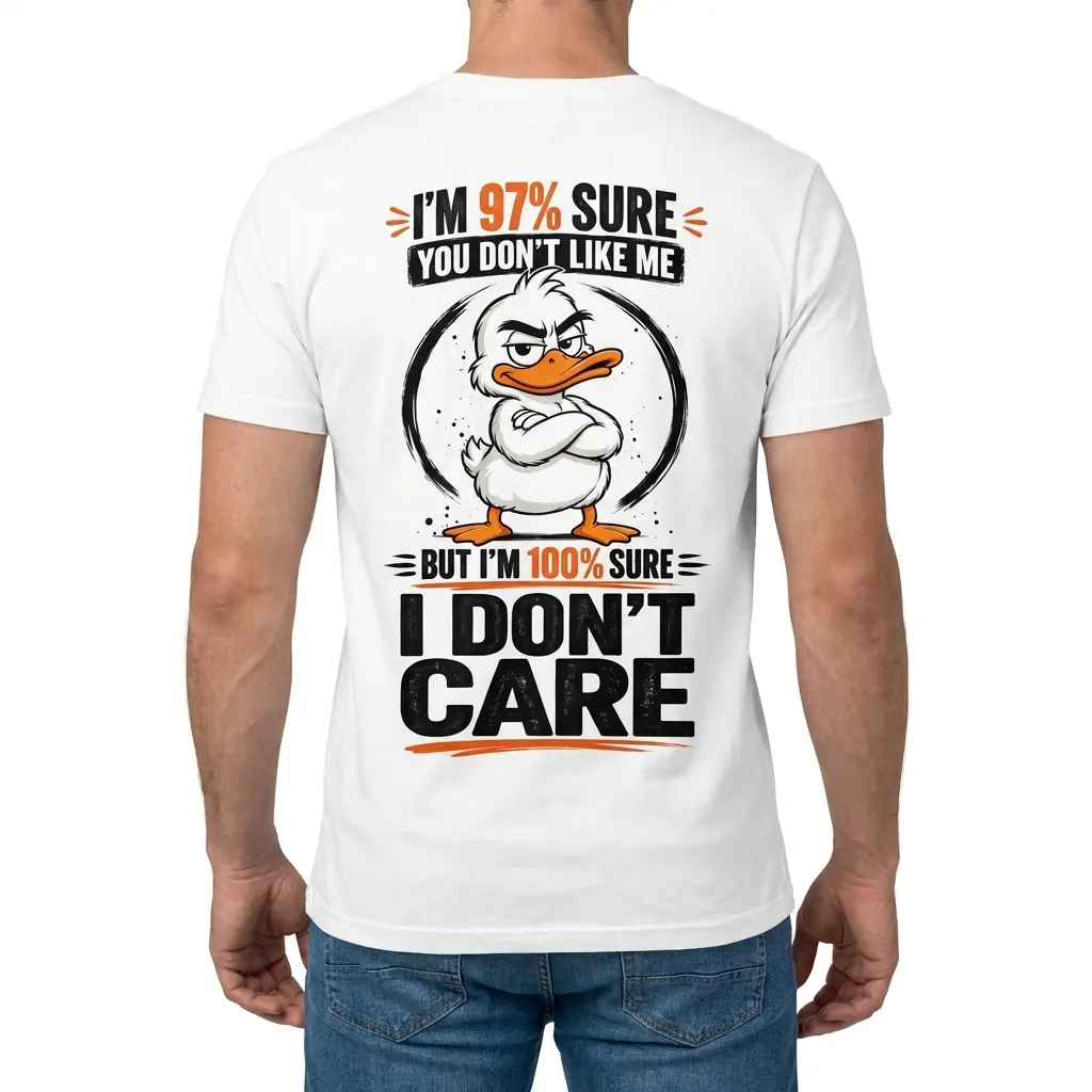 Man shown from the back wearing a Funny Duck shirt with an arms-crossed duck and “I DON'T CARE” graphic