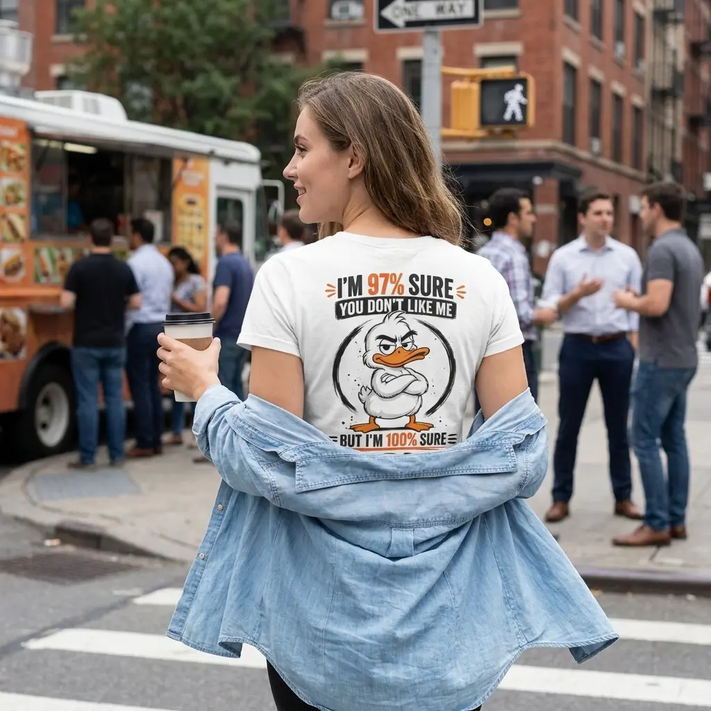 Funny Duck graphic apparel featuring an arms-crossed duck, percentage text, and the bold phrase “I DON'T CARE”