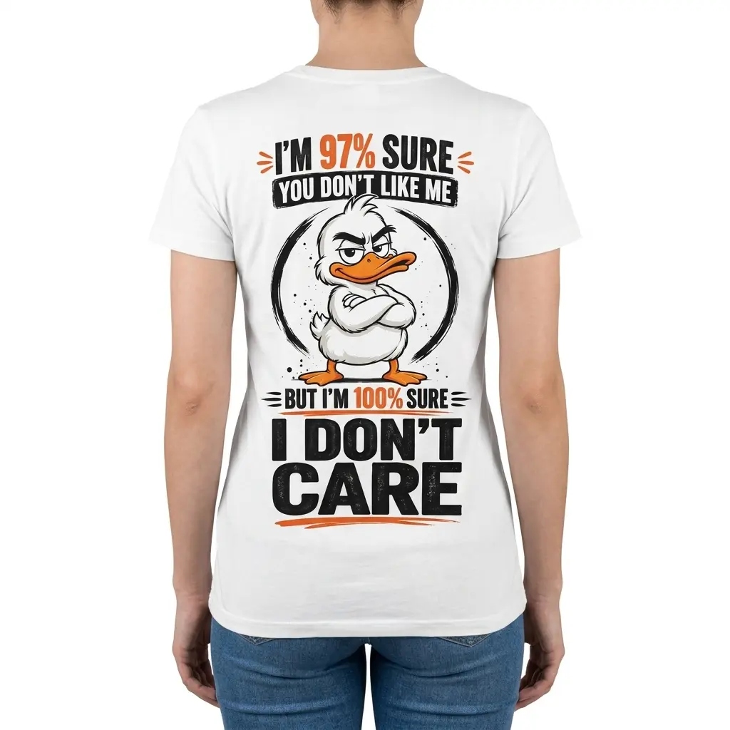 Woman shown from the back wearing a Funny Duck shirt with an arms-crossed duck and humorous “I DON'T CARE” design