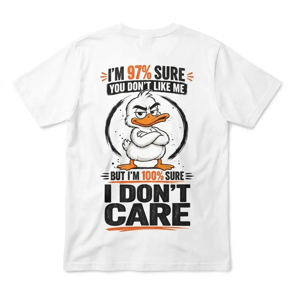 Back flatlay of a white Funny Duck T-shirt with an arms-crossed duck and the text “I'M 97% SURE YOU DON'T LIKE ME ... I DON'T CARE”