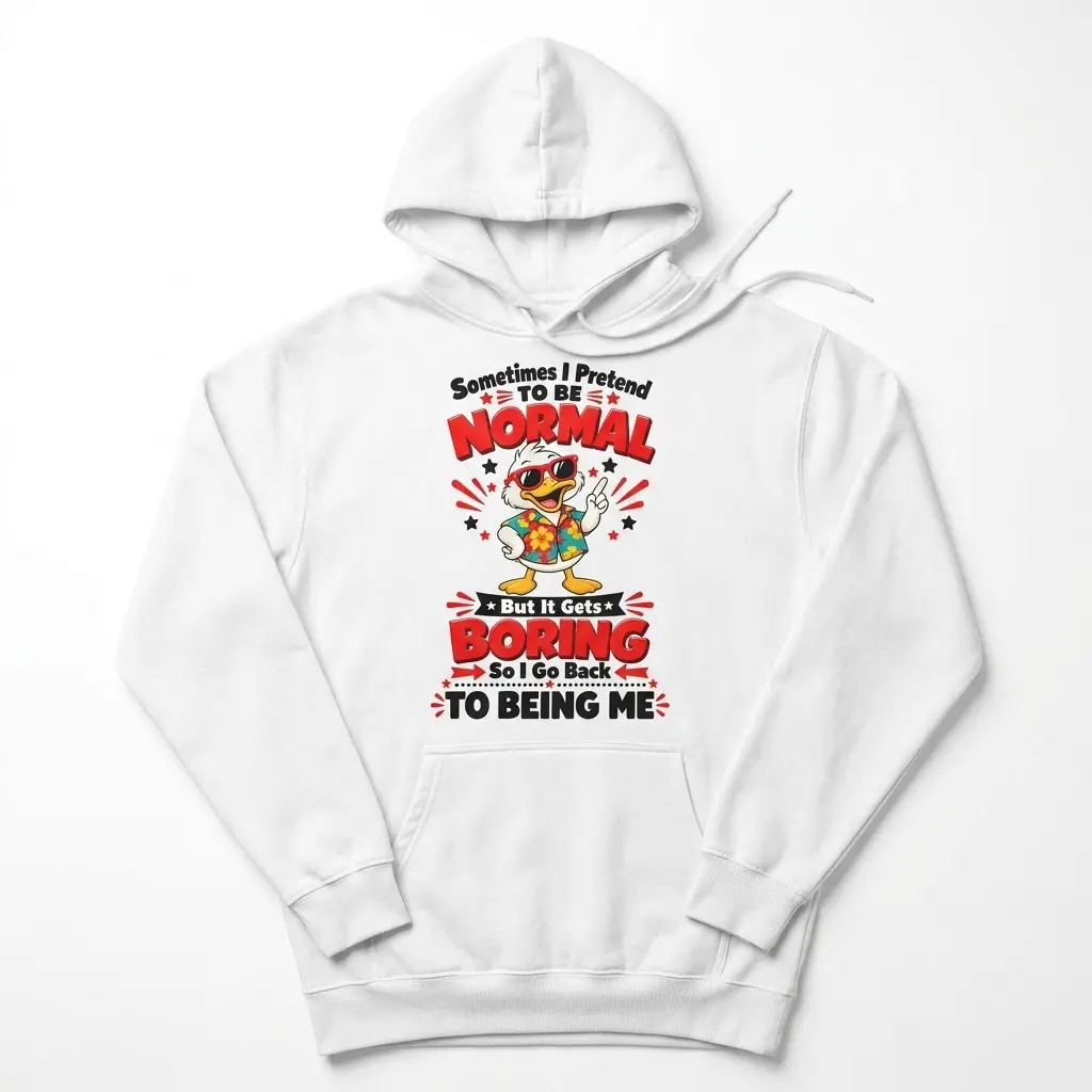 Front flat lay of a hoodie featuring the funny duck Pretend To Be Normal cartoon illustration.