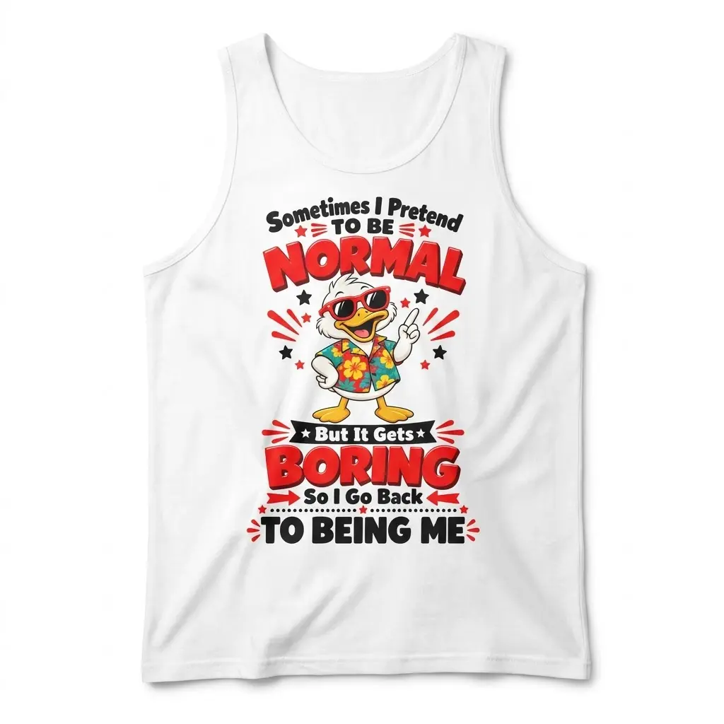 Front flat lay of a casual tank top printed with the funny sunglasses-wearing duck design.