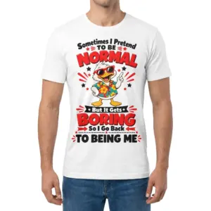 Funny Duck Pretend To Be Normal T-Shirt 9 Front view of a man wearing the white funny duck t-shirt with colorful graphic print.