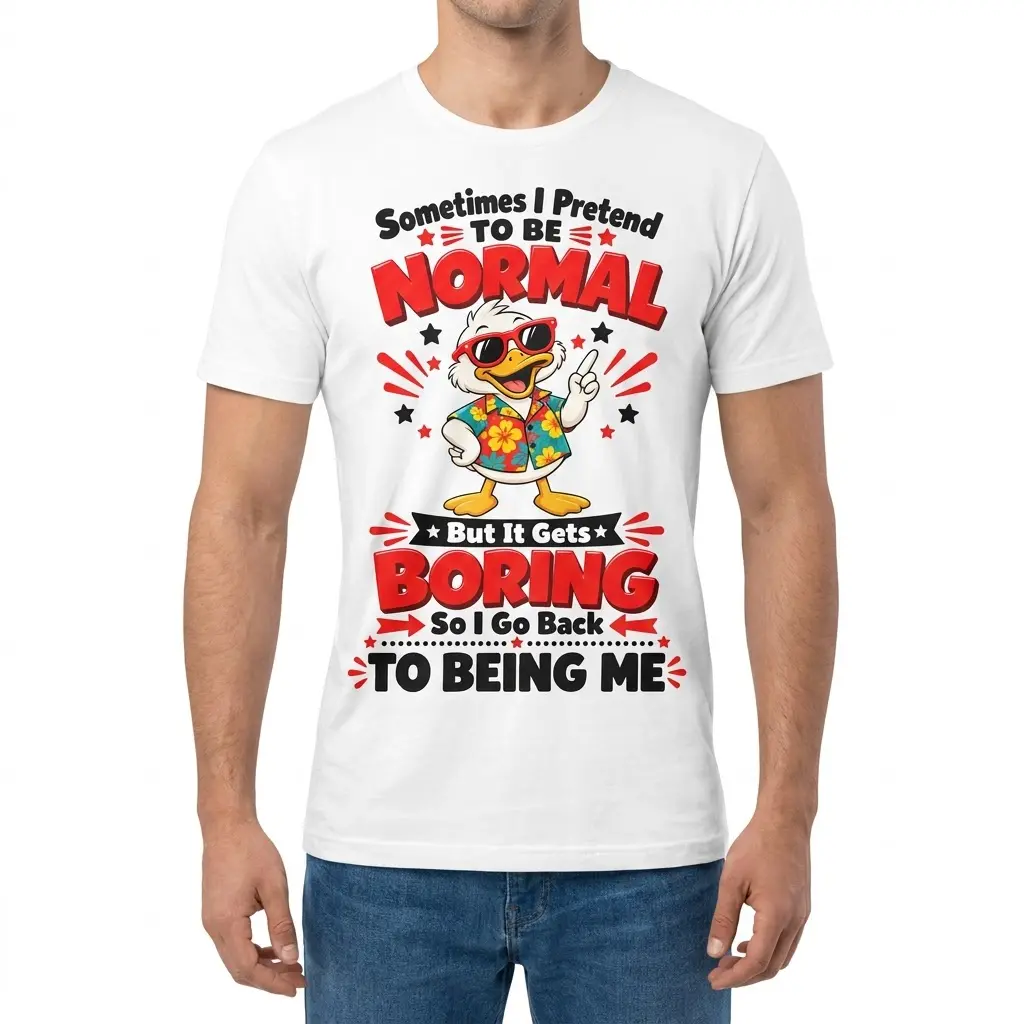 Front view of a man wearing the white funny duck t-shirt with colorful graphic print.