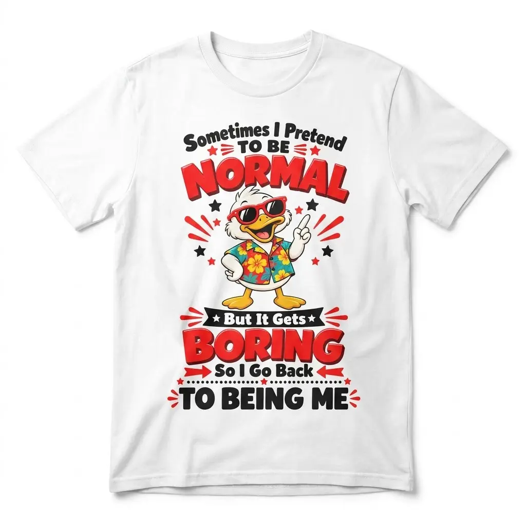 Flat lay view of a white funny duck t-shirt with a cool cartoon duck graphic and Pretend To Be Normal text.