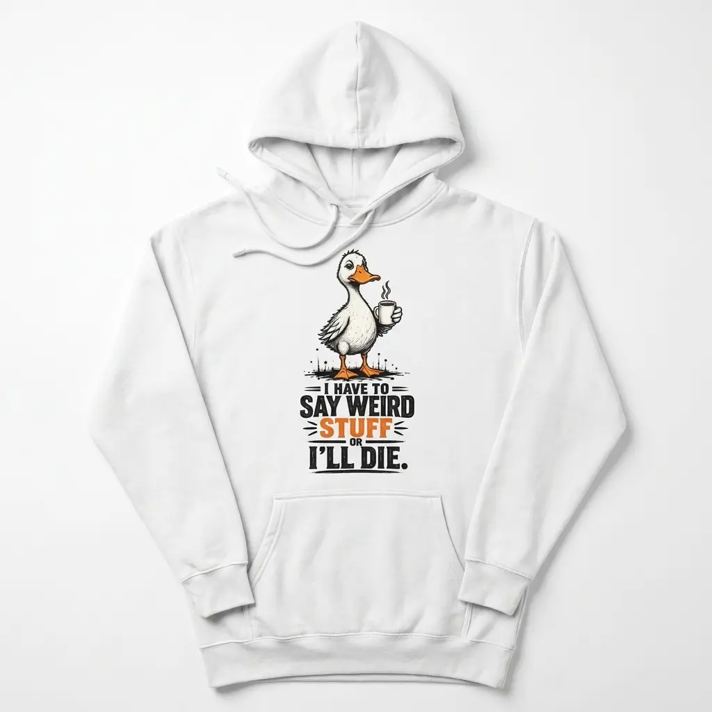 Front flat lay of a hoodie featuring the Funny Duck Coffee design with a duck holding a steaming cup and bold humorous text