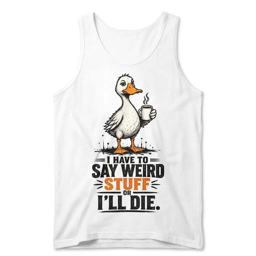 Front flat lay of a tank top featuring a cartoon duck with a steaming coffee cup and the text “WEIRD STUFF”