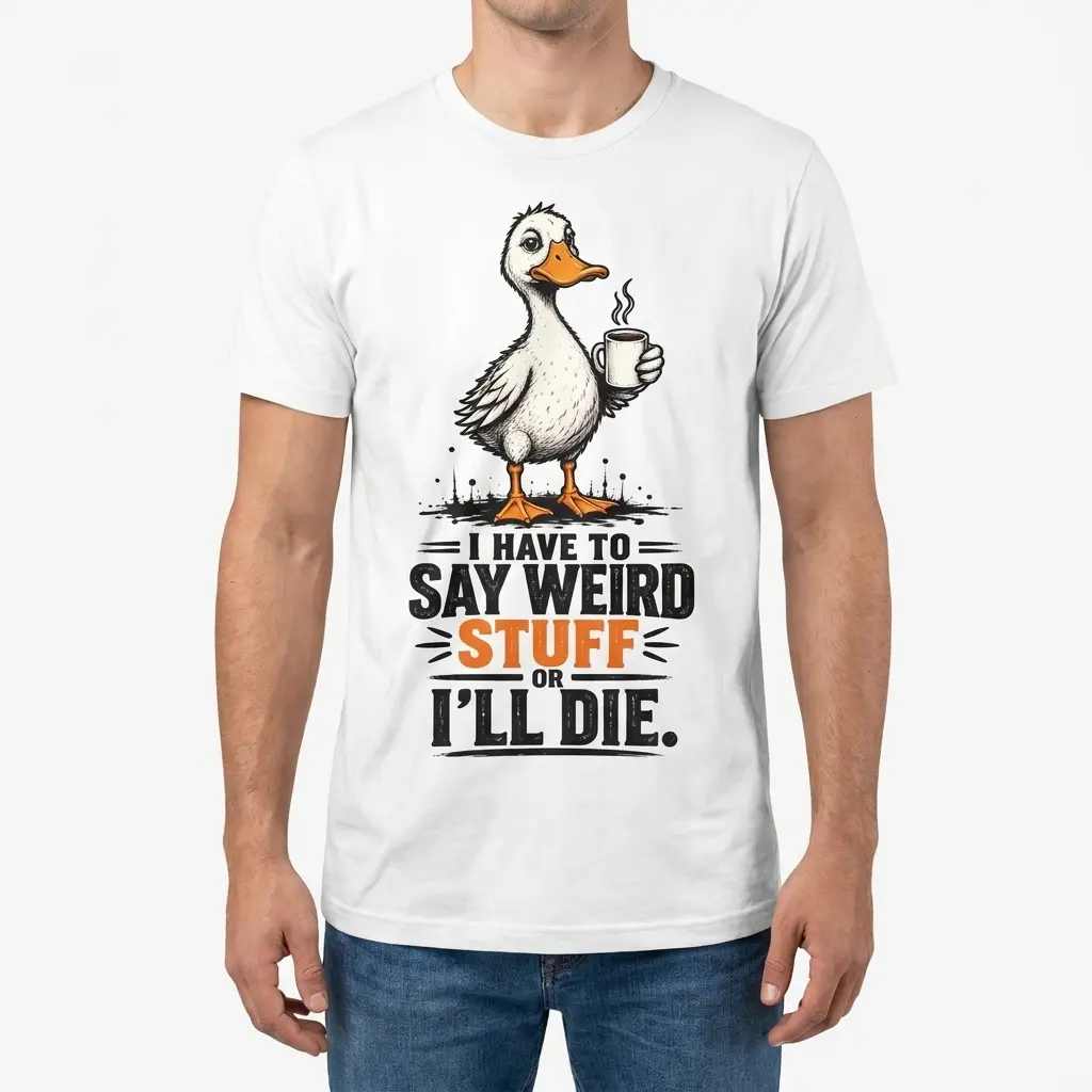 Man shown from the front wearing the Funny Duck Coffee Shirt with a duck, steaming cup, and humorous statement graphic