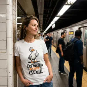 Funny Duck Weird Stuff Coffee T-Shirt 10 Funny Duck Coffee Shirt featuring a cartoon duck holding a steaming coffee cup and the statement “I’LL DIE.”
