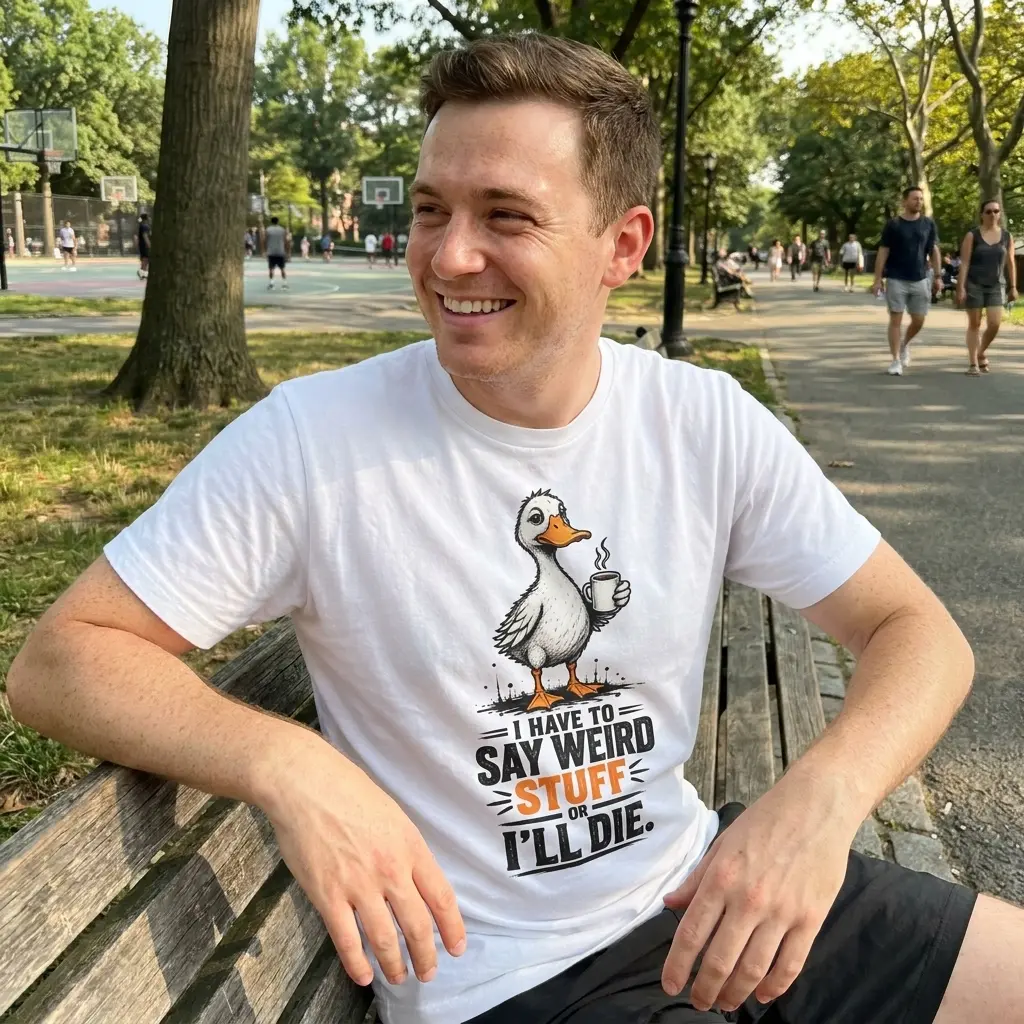 Lifestyle view of the weird stuff coffee design, showing a cartoon duck holding a steaming cup above bold text