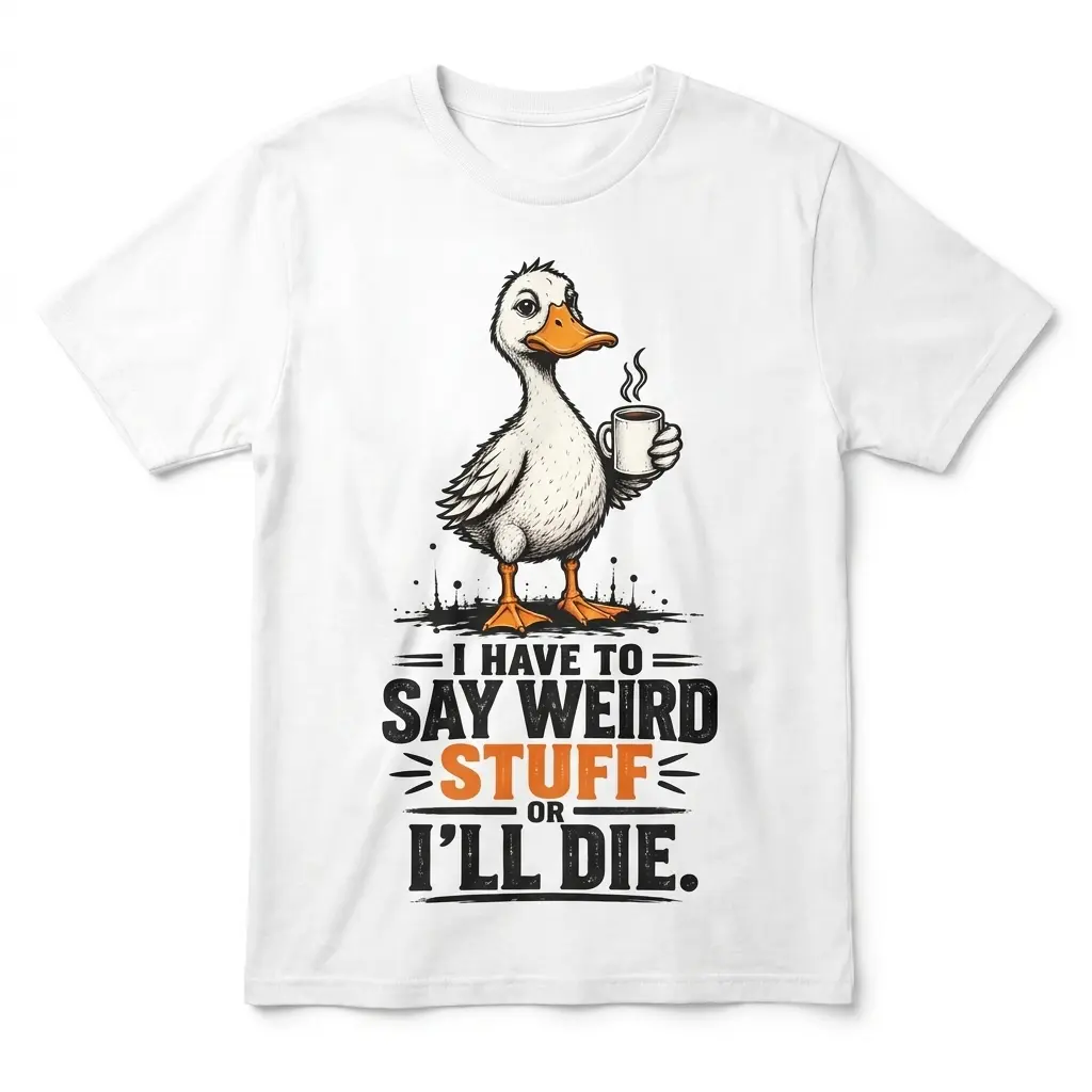 White T-shirt flat lay featuring a cartoon duck holding a steaming coffee cup above “I HAVE TO SAY WEIRD STUFF OR I’LL DIE.”