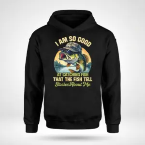 Funny Fish Stories Bass Fisherman T-Shirt 7 Front flat lay of a hoodie printed with a bass wearing sunglasses and a camo cap with humorous fish stories text.