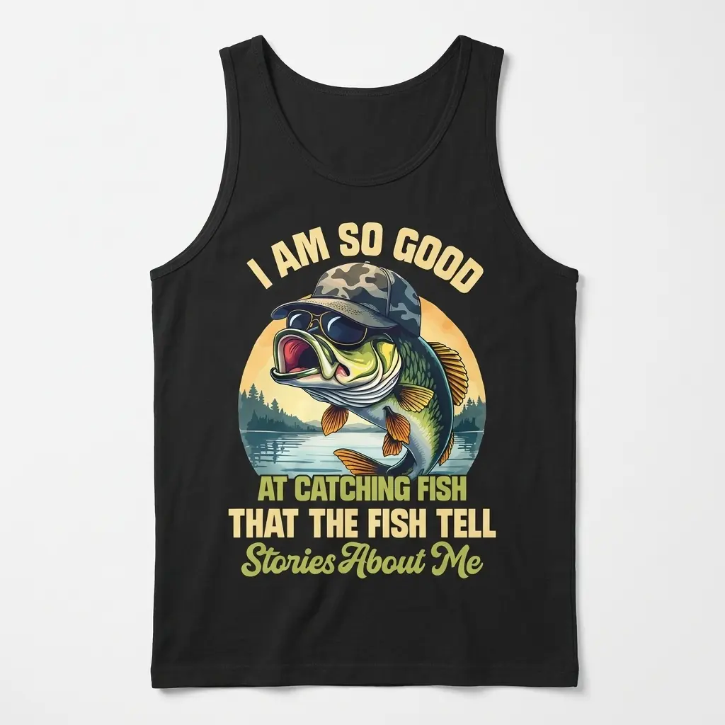 Funny Fish Stories Bass Fisherman T-Shirt 3 Front view flat lay of a tank top featuring a bass wearing sunglasses and the funny fish stories fisherman graphic.