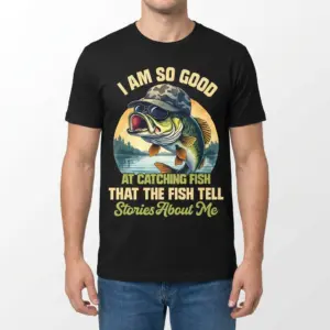 Funny Fish Stories Bass Fisherman T-Shirt 9 Front view of a man wearing the funny fishing shirt with a bass in sunglasses and humorous fish stories quote.