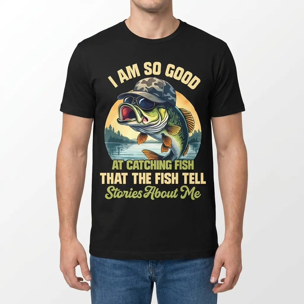 Funny Fish Stories Bass Fisherman T-Shirt 4 Front view of a man wearing the funny fishing shirt with a bass in sunglasses and humorous fish stories quote.