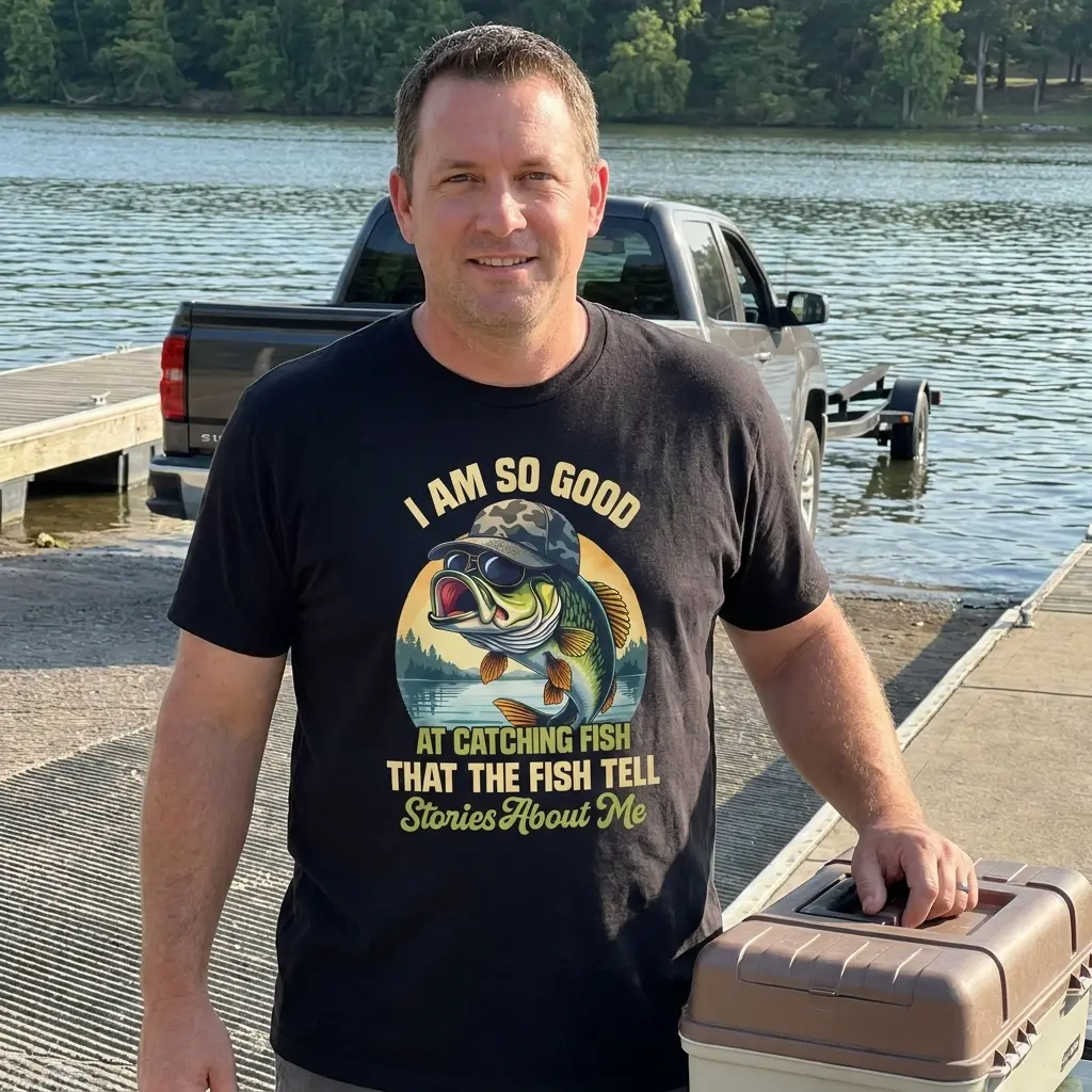 Funny Fish Stories Bass Fisherman T-Shirt 5 Funny fishing shirt with a bass wearing a camo cap and sunglasses graphic displayed in a lifestyle setting.