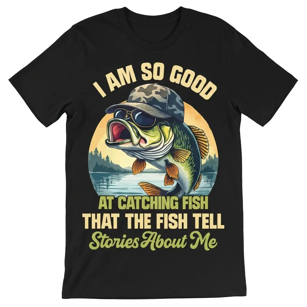 Funny Fish Stories Bass Fisherman T-Shirt 1 Flat lay front view of a funny fishing shirt featuring a bass in sunglasses and a camo hat with text about fish telling stories.