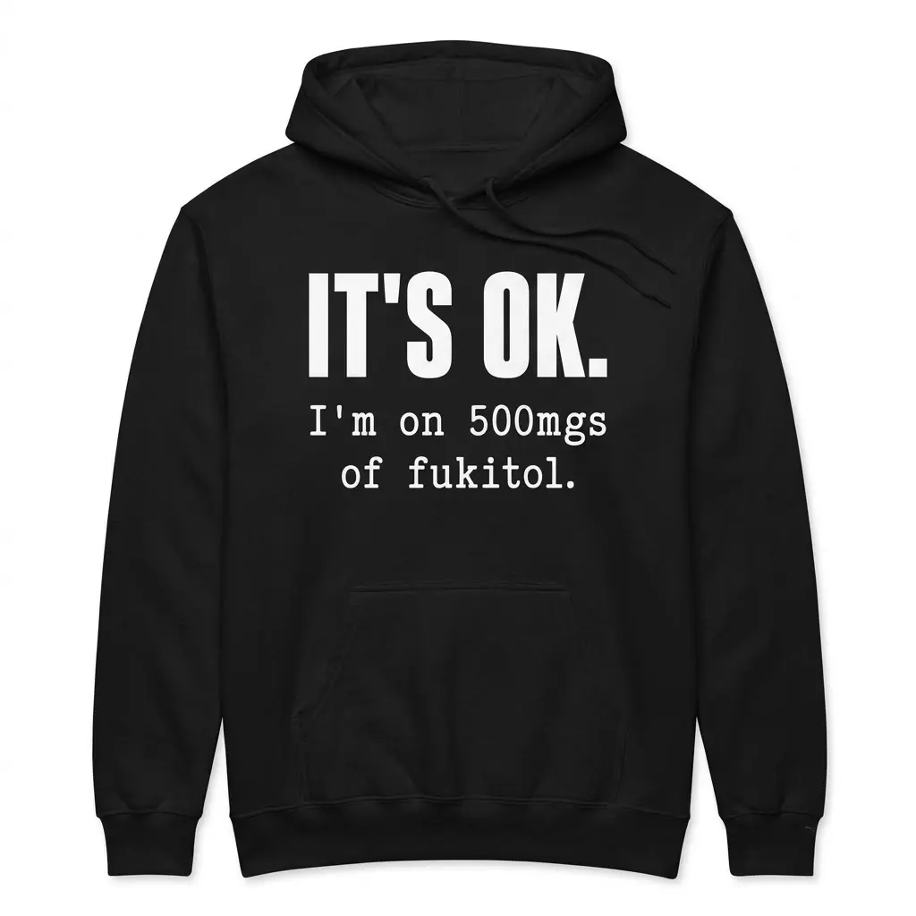 Funny Fukitol Prescription Humor T-Shirt 2 Front flat lay of a hoodie printed with the funny IT'S OK. I'm on 500mgs of fukitol graphic across the chest.