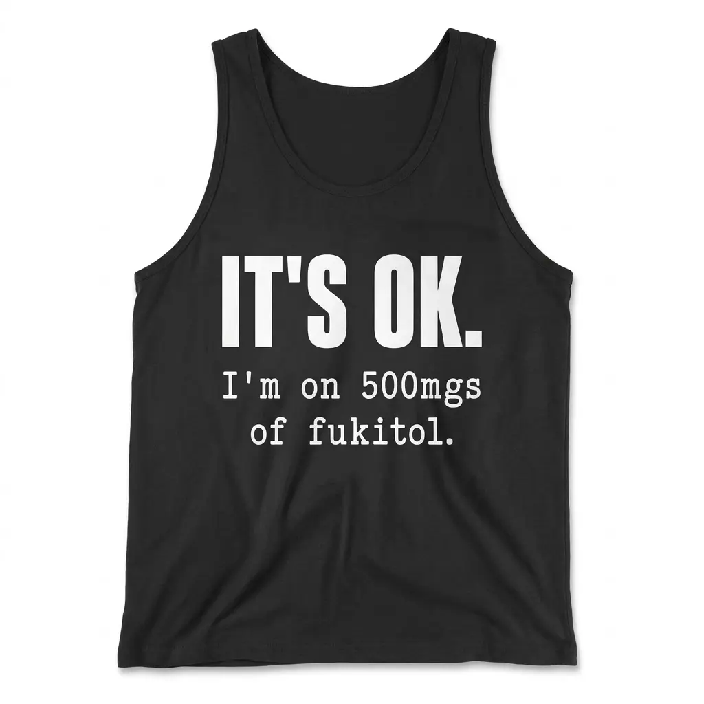 Funny Fukitol Prescription Humor T-Shirt 3 Flat lay view of a tank top with the white IT'S OK. I'm on 500mgs of fukitol text design.