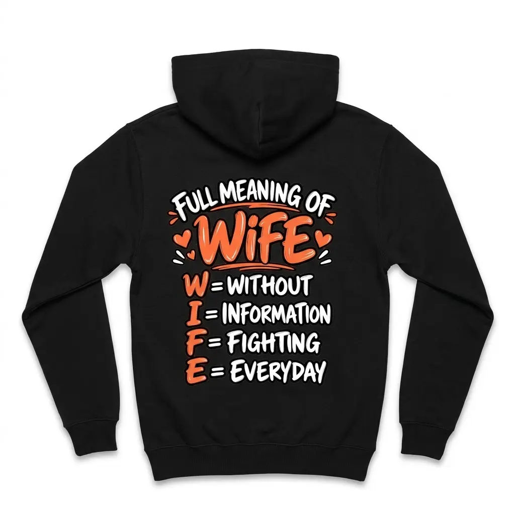 Funny Full Meaning of Wife Graphic T-Shirt 2 Back view flat lay of a black hoodie printed with the funny WIFE acronym graphic in orange and white.