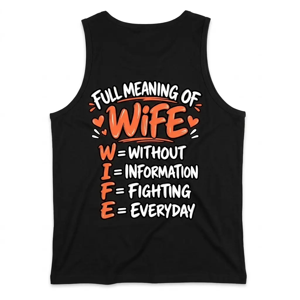 Funny Full Meaning of Wife Graphic T-Shirt 3 Back view flat lay of a black tank top with the humorous Full Meaning of Wife graphic design.