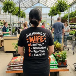 Funny Full Meaning of Wife Graphic T-Shirt 10 Lifestyle view of the funny WIFE acronym graphic printed on the back of a black shirt.