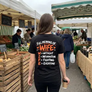 Funny Full Meaning of Wife Graphic T-Shirt 11 Lifestyle showcase of the black top displaying W = Without I = Information F = Fighting E = Everyday text.