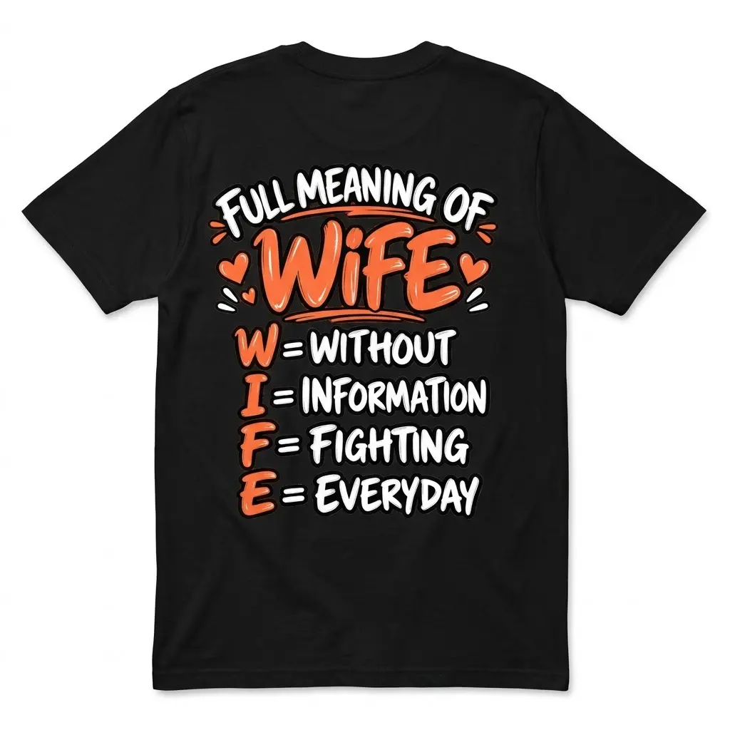 Funny Full Meaning of Wife Graphic T-Shirt 1 Back view flat lay of a black t-shirt with orange and white text reading Full Meaning of WIFE: Without Information Fighting Everyday.