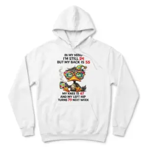 Funny Getting Older Duck T-Shirt 7 Front flat lay of a hoodie featuring the funny getting older tired duck graphic and quote.