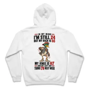 Funny Getting Older Duck T-Shirt 7 Back view flat lay of a hoodie with a humorous cartoon duck design and text about getting older.