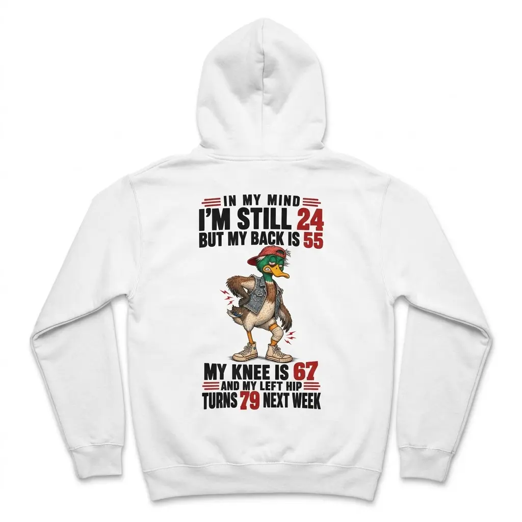 Back view flat lay of a hoodie with a humorous cartoon duck design and text about getting older.