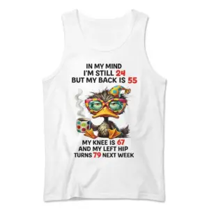 Funny Getting Older Duck T-Shirt 8 Front view flat lay of a tank top with the humorous aging duck design.
