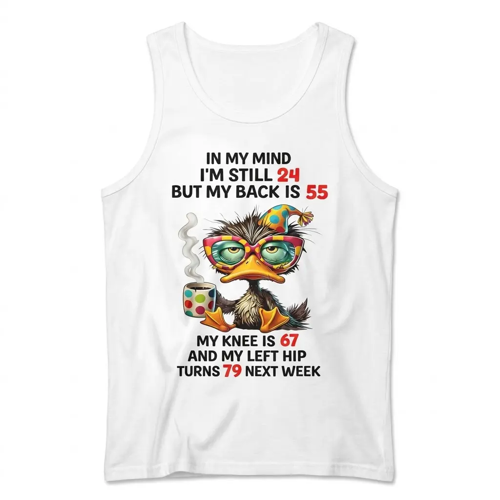 Front view flat lay of a tank top with the humorous aging duck design.