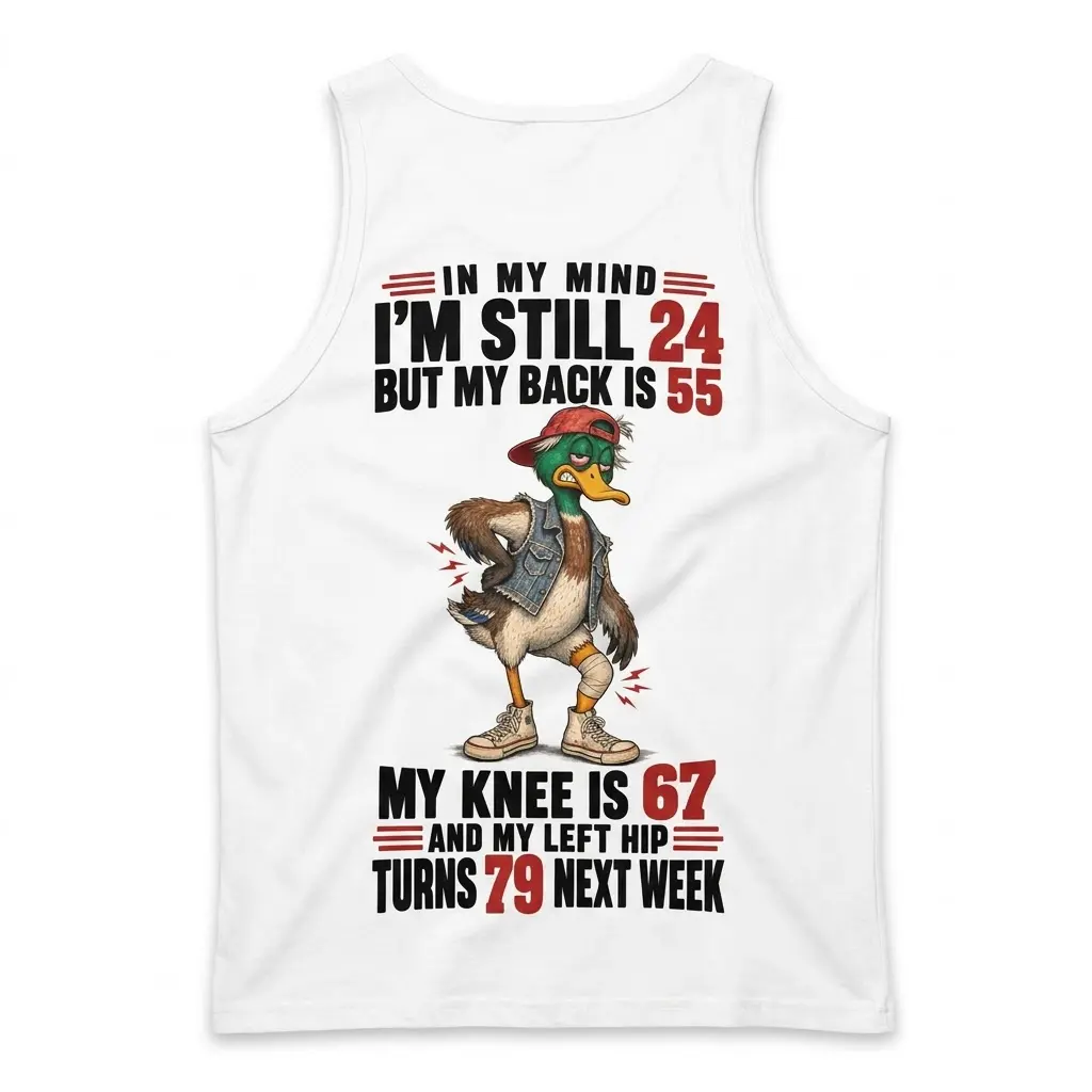 Back of a tank top flat lay featuring the funny getting older duck graphic and body pain quote.