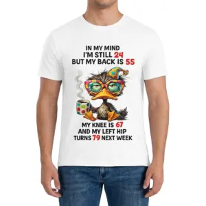 Funny Getting Older Duck T-Shirt 9 Man wearing the white funny getting older t-shirt featuring the coffee-drinking duck graphic.