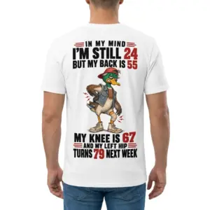 Funny Getting Older Duck T-Shirt 9 Back view of a man wearing the getting older t-shirt with a humorous aching duck graphic.