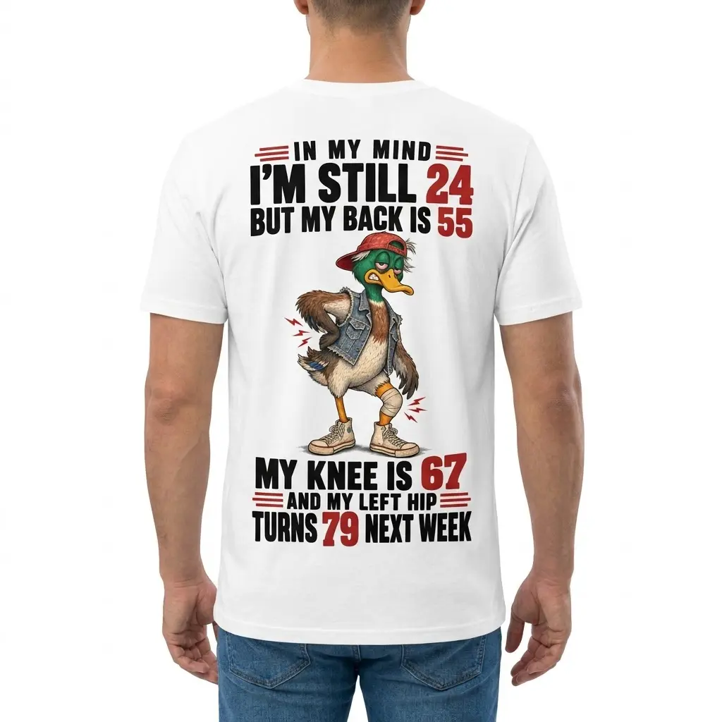 Back view of a man wearing the getting older t-shirt with a humorous aching duck graphic.