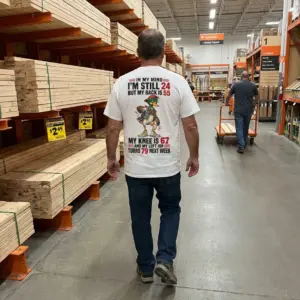 Funny Getting Older Duck T-Shirt 10 Lifestyle view showcasing the back of the funny getting older graphic shirt in daily wear.