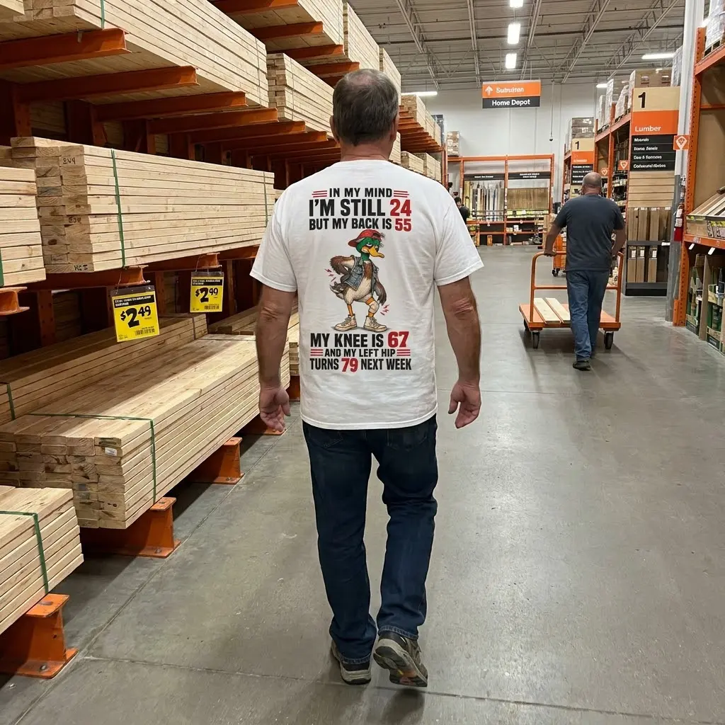 Lifestyle view showcasing the back of the funny getting older graphic shirt in daily wear.
