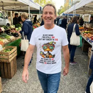 Funny Getting Older Duck T-Shirt 11 Close-up lifestyle view showing the detailed tired duck illustration and funny aging text on the shirt.