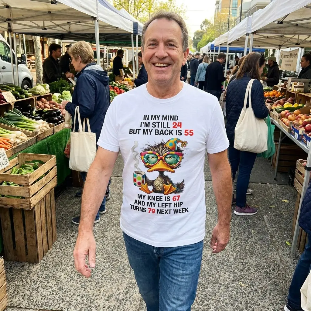 Close-up lifestyle view showing the detailed tired duck illustration and funny aging text on the shirt.