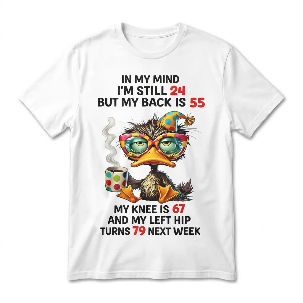 Flat lay of a funny getting older shirt with tired duck graphic and aging quote on a white t-shirt.