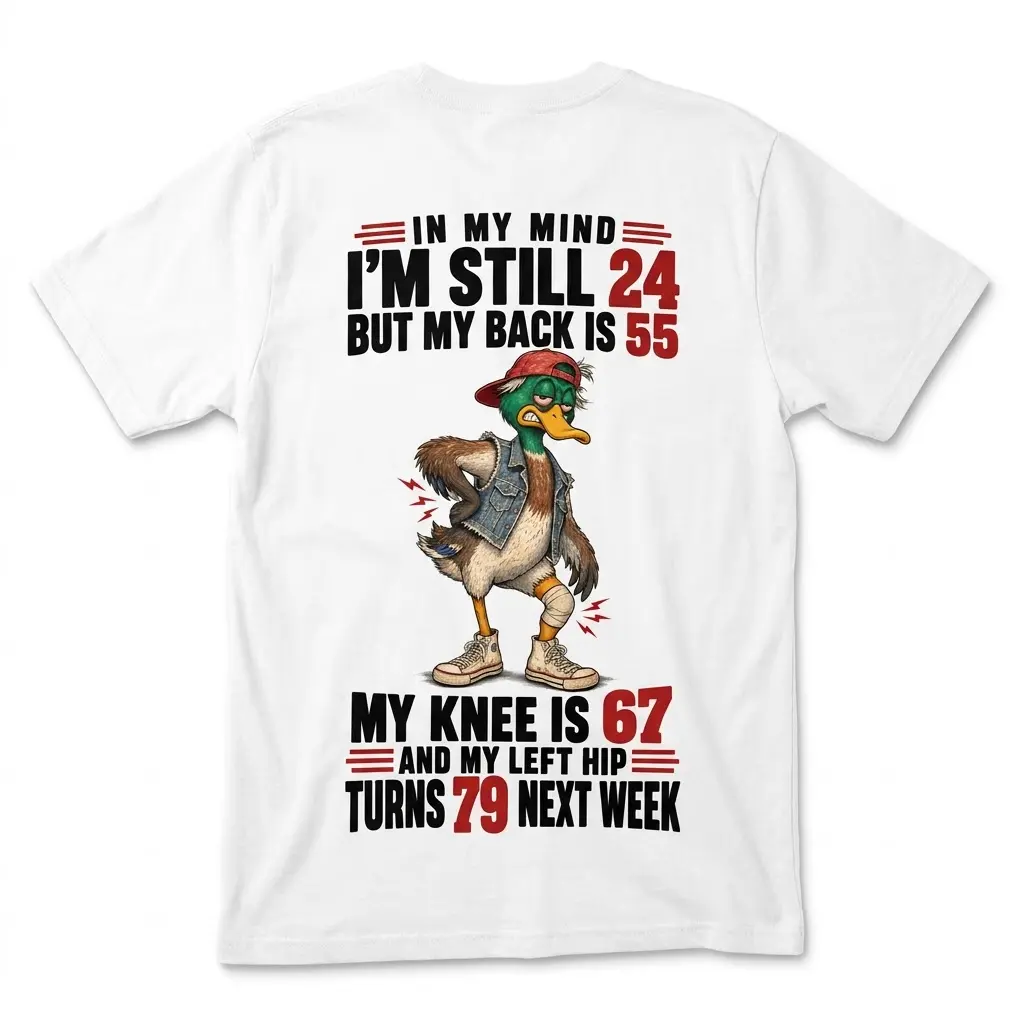 Back view of a white t-shirt featuring a funny duck holding its sore back with text about mind being 24 but body parts being older.